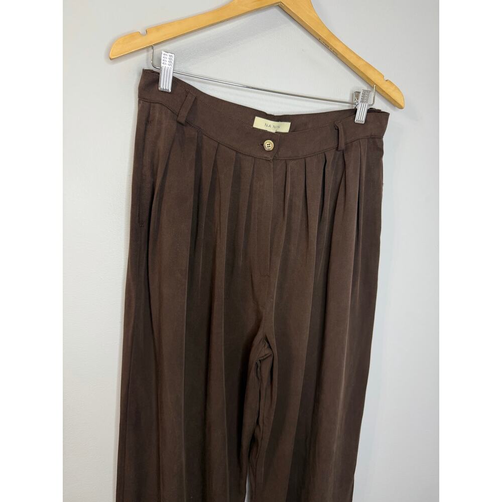 NA NIN Winnie Tencel Pleated Pant High Rise Relax Cocoa Brown Women's L - Picture 3 of 11